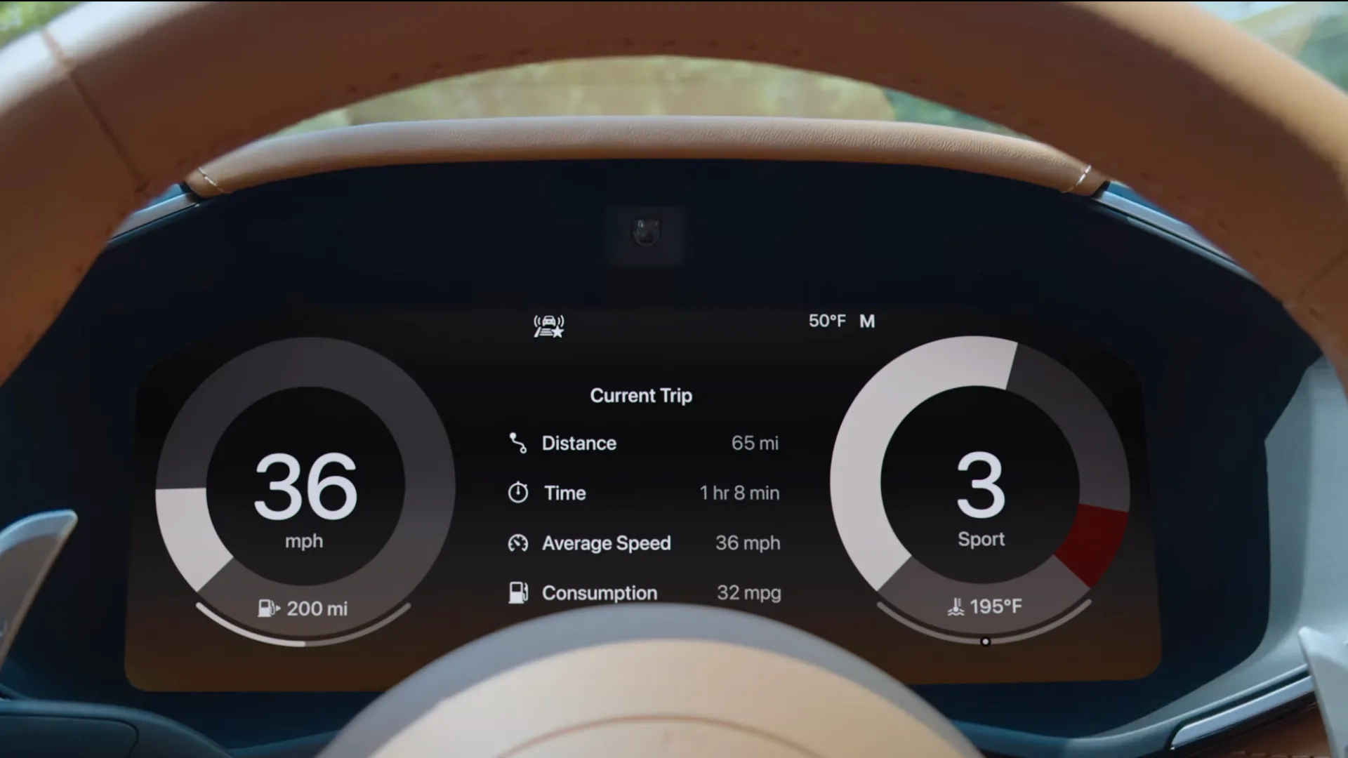 Ảnh chụp màn hình CarPlay Ultra hiển thị thông tin lái xe tích hợp với giao diện người dùng Apple.