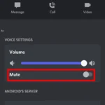 Ảnh chụp màn hình Discord mobile: Chọn và giữ tên người dùng trong kênh thoại để mute.