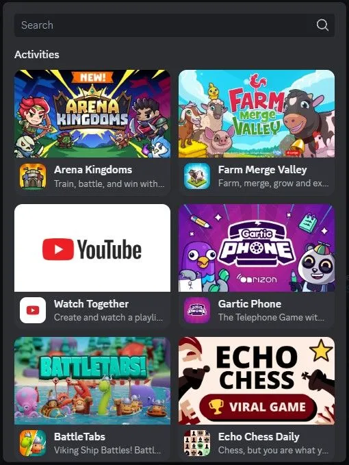 Ảnh chụp màn hình giao diện các Hoạt động (Activities) trên Discord