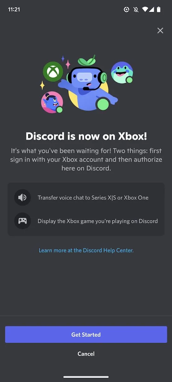 Ảnh chụp màn hình ứng dụng Discord hiển thị trang kết nối Xbox, nút Bắt đầu