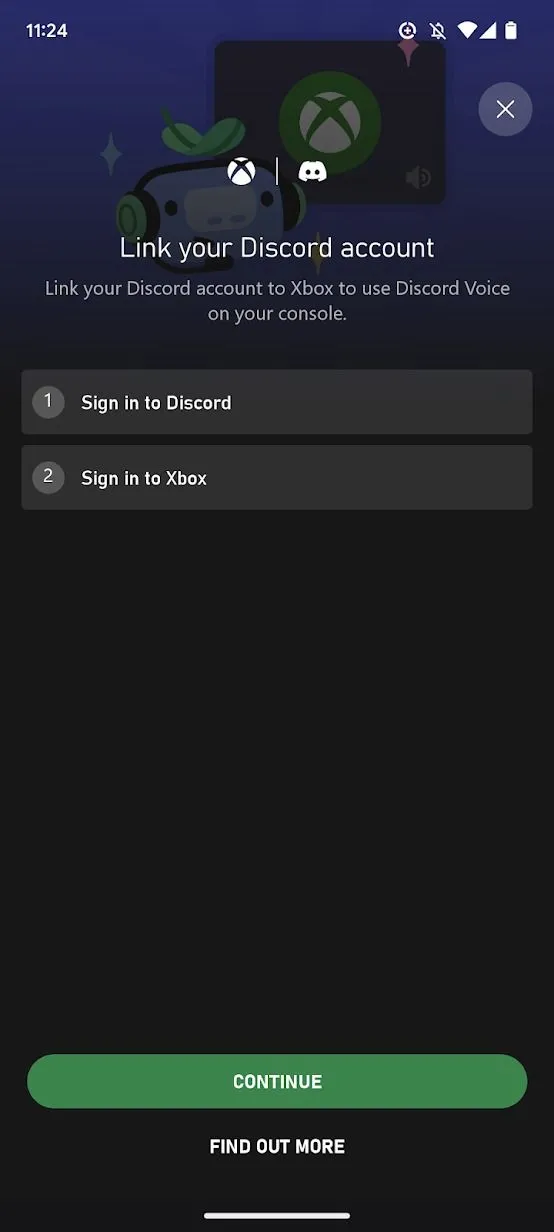 Ảnh chụp màn hình ứng dụng Xbox hiển thị tùy chọn kết nối Discord, nút Tiếp tục