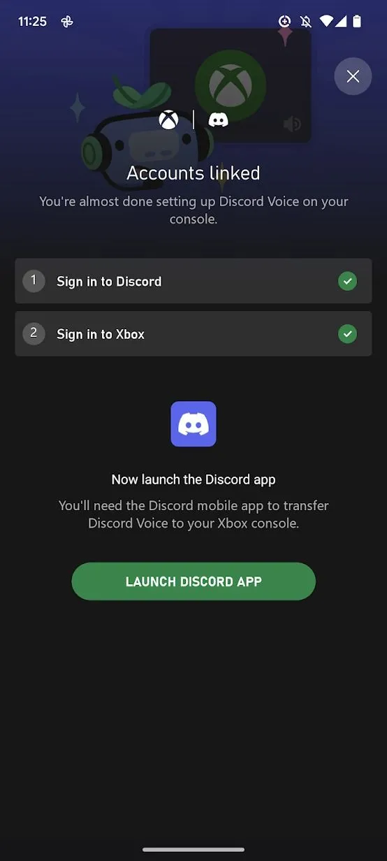 Ảnh chụp màn hình ứng dụng Xbox hiển thị xác nhận ủy quyền kết nối tài khoản Discord và Xbox