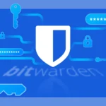Biểu tượng của phần mềm quản lý mật khẩu Bitwarden với hình ảnh liên kết mật khẩu, ổ khóa và chìa khóa