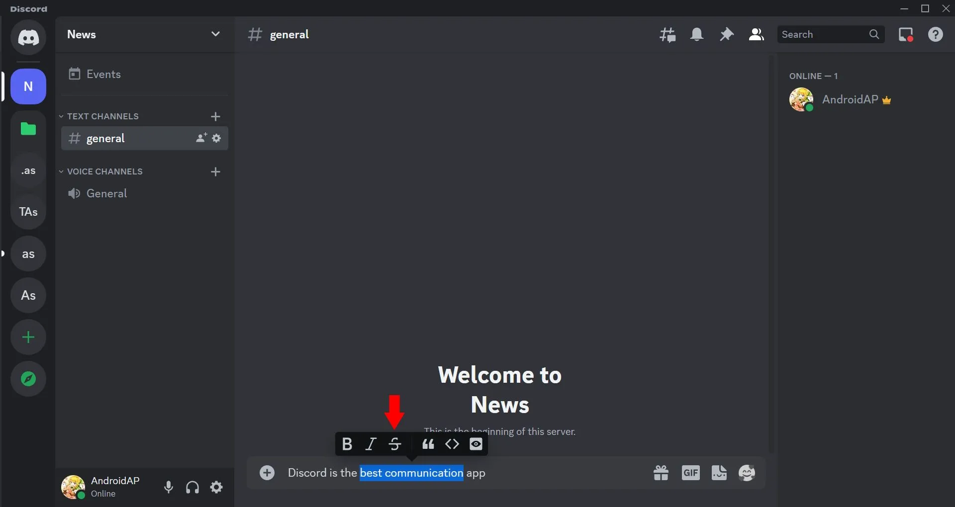 Biểu tượng gạch ngang chữ (Strikethrough) trong tùy chọn định dạng Markdown của Discord PC