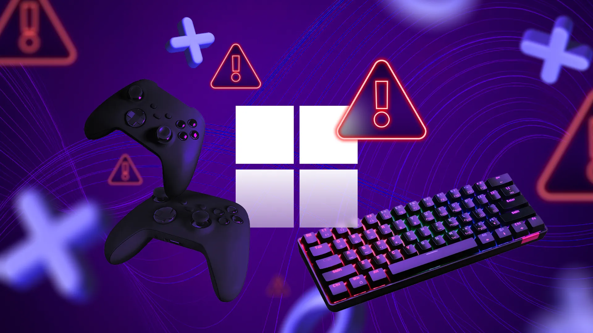 Biểu tượng Windows với các cảnh báo, minh họa sự thiếu tối ưu cho game trên PC.