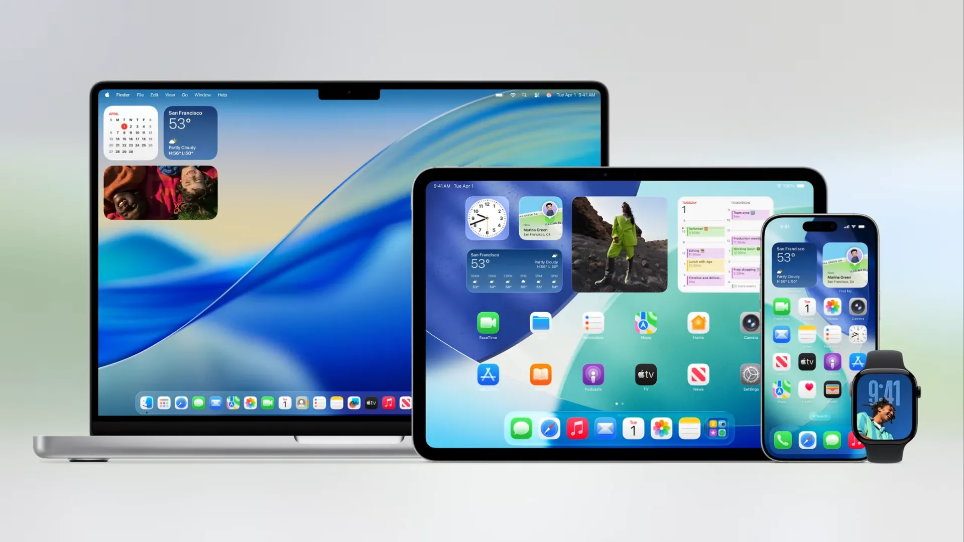 Các hệ điều hành Apple hiện tại như iOS, iPadOS, macOS và watchOS với số hiệu khác nhau trên các thiết bị.
