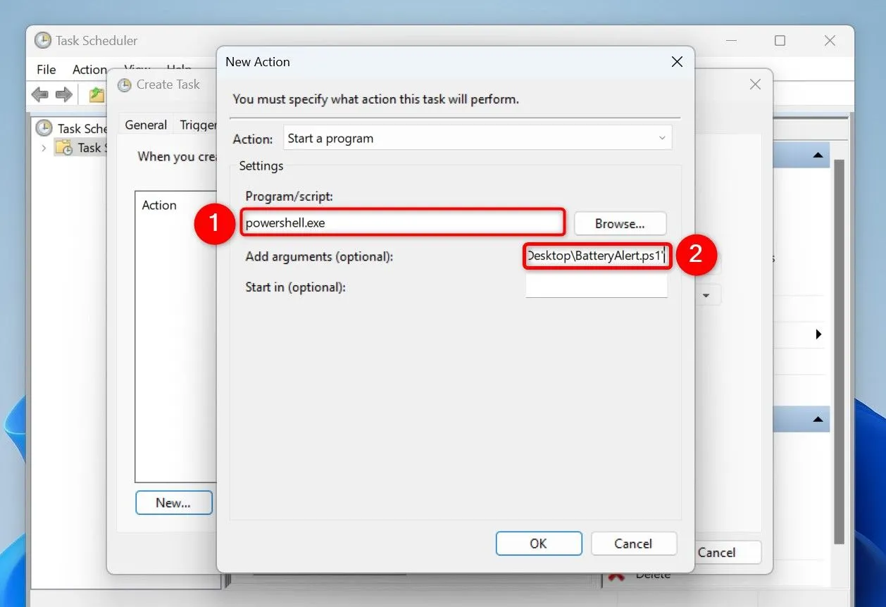 Cấu hình hành động chạy script PowerShell trong tác vụ Task Scheduler