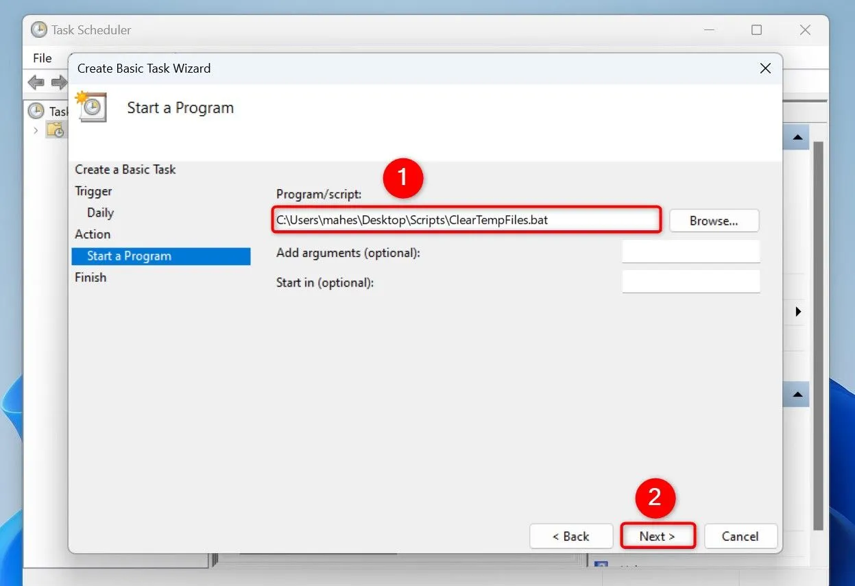 Chỉ định đường dẫn đầy đủ tới file script (.bat) dọn dẹp file tạm trong cài đặt tác vụ