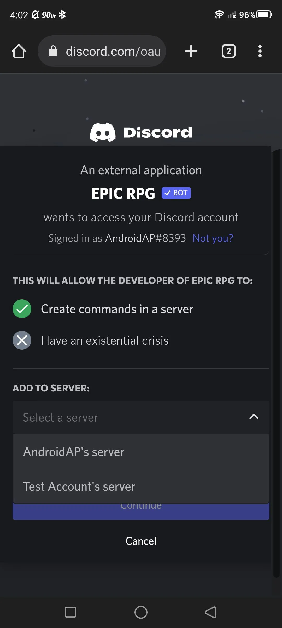 Chọn server Discord để thêm bot