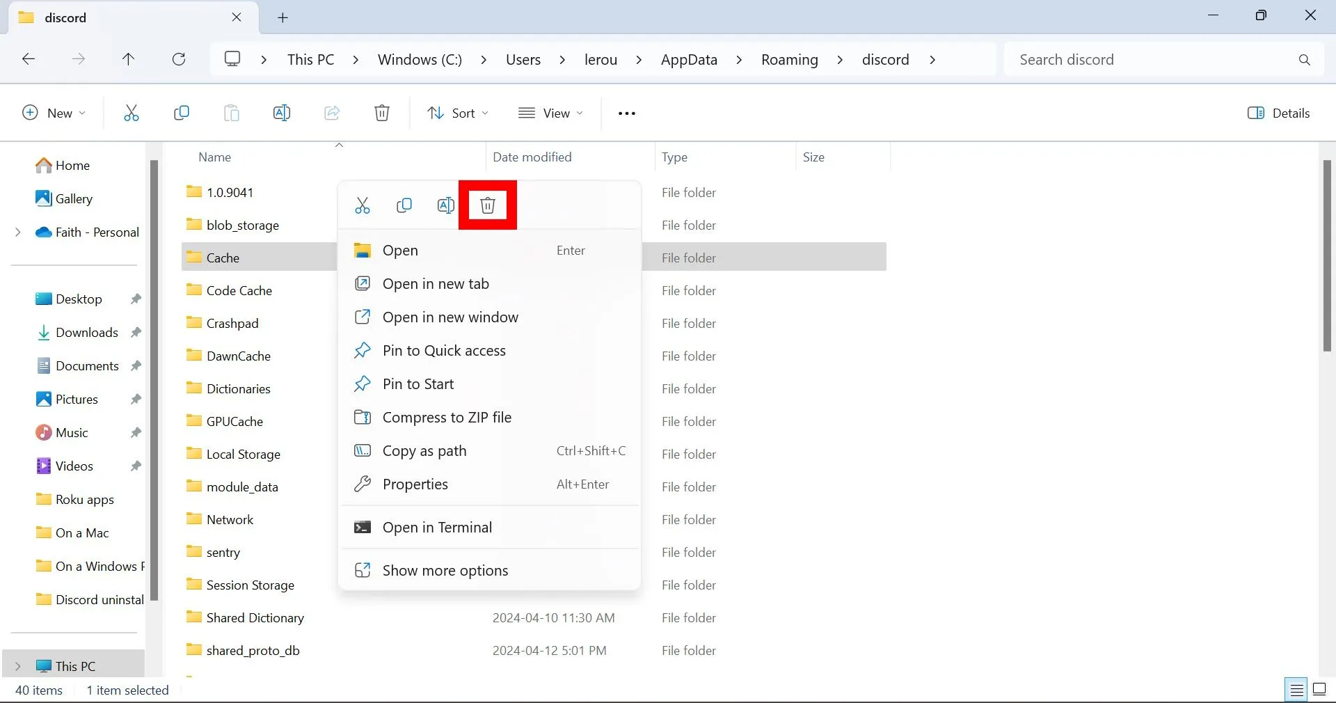 Chọn và xóa thư mục Cache trong thư mục Discord trên Windows để giải phóng bộ nhớ đệm.