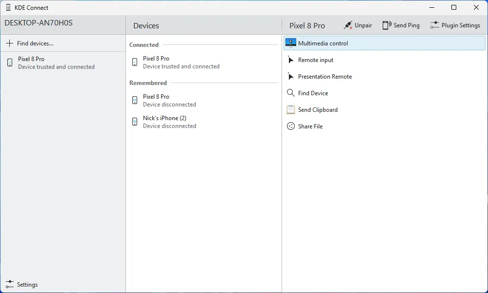 Cửa sổ chính của ứng dụng KDE Connect