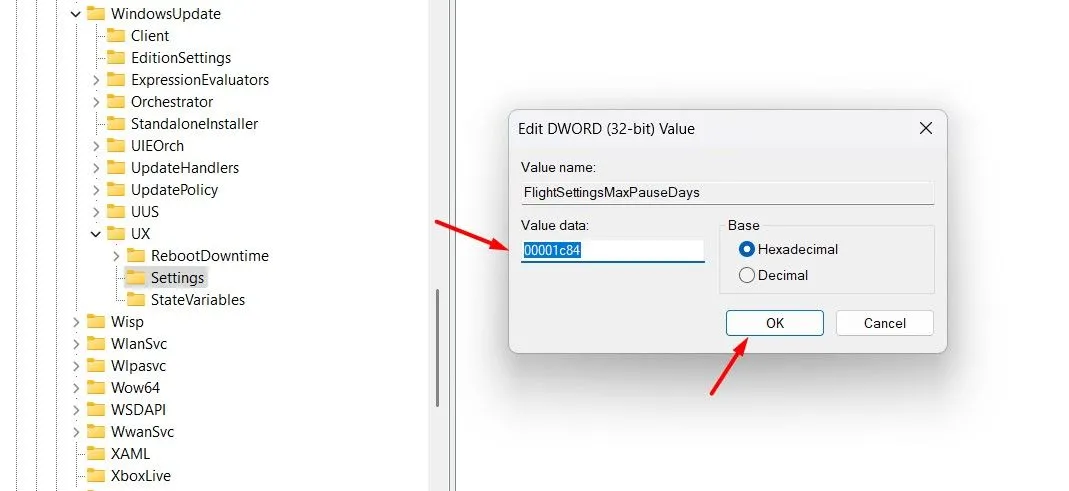 Cửa sổ sửa giá trị DWORD cho khóa FlightSettingsMaxPauseDays trong Registry Editor Windows