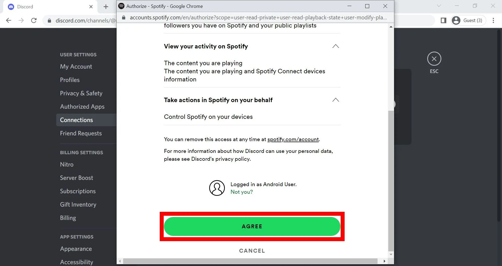 Cửa sổ xác nhận cho phép Discord kết nối với tài khoản Spotify, nút Đồng Ý