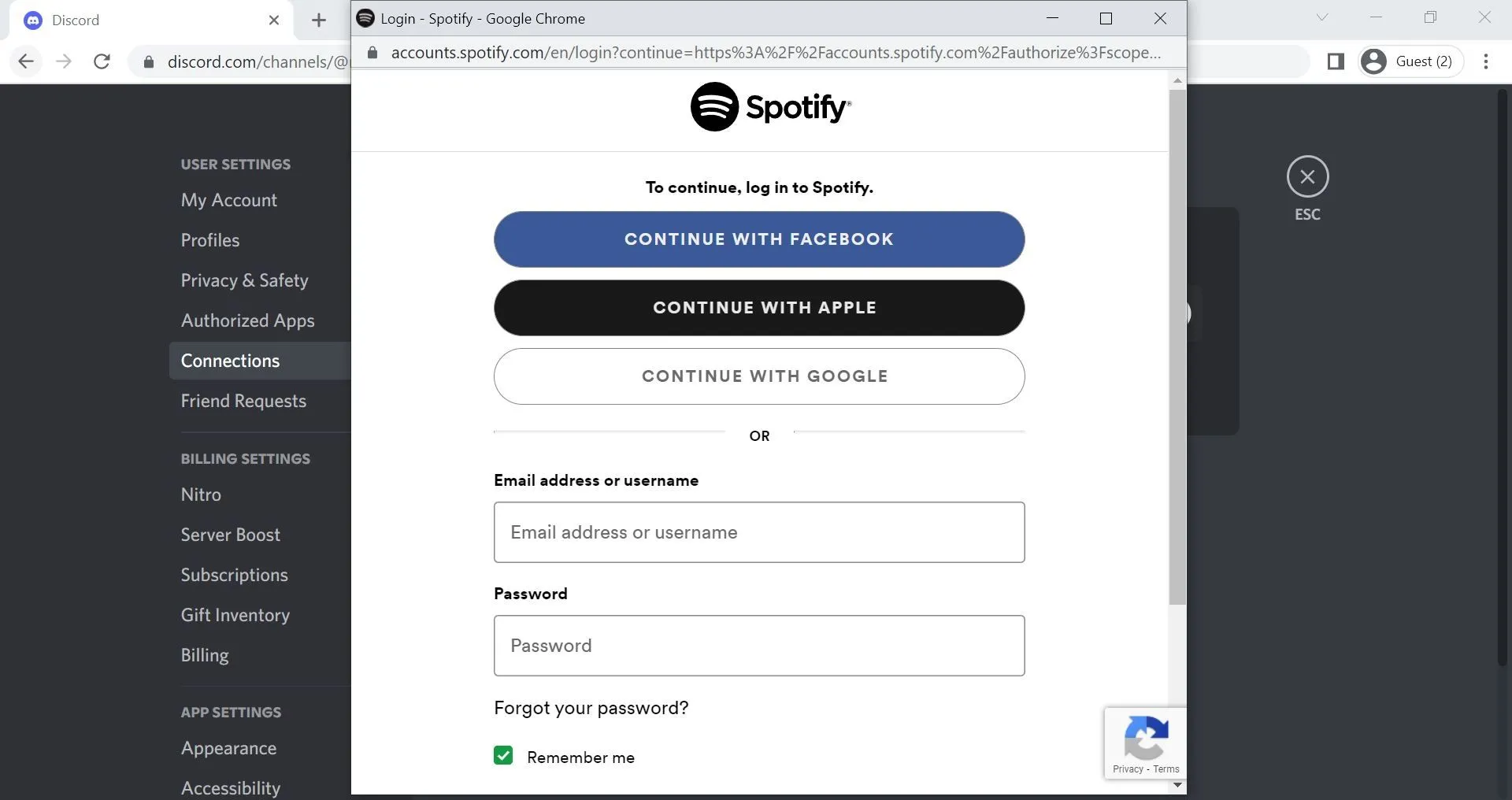 Cửa sổ yêu cầu đăng nhập tài khoản Spotify để ủy quyền kết nối với Discord