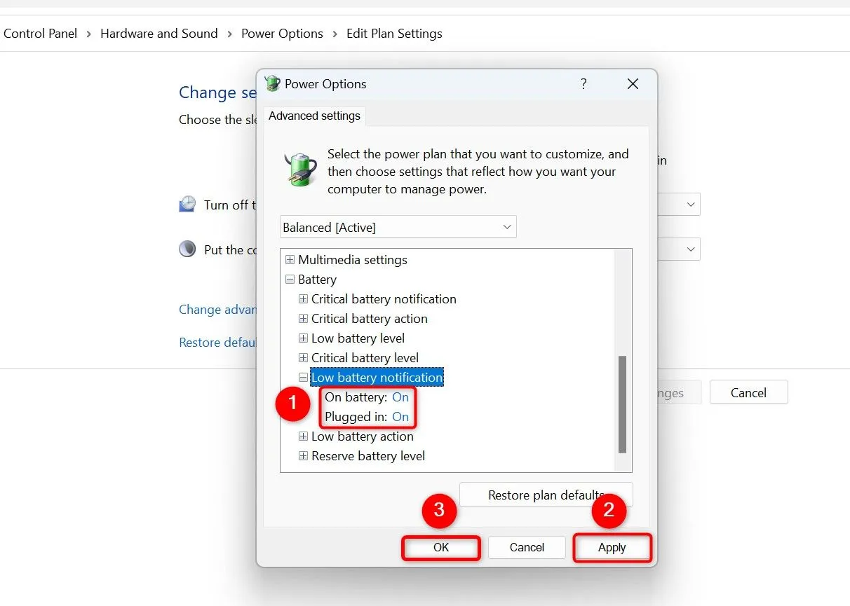 Đảm bảo tùy chọn Low battery notification (Thông báo pin yếu) được đặt là On