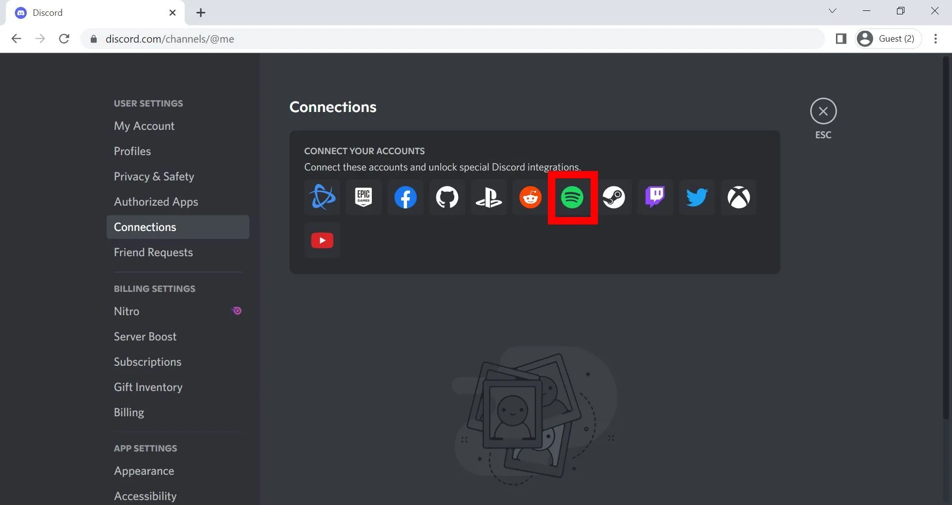 Danh sách các ứng dụng kết nối trong cài đặt Discord, làm nổi bật biểu tượng Spotify