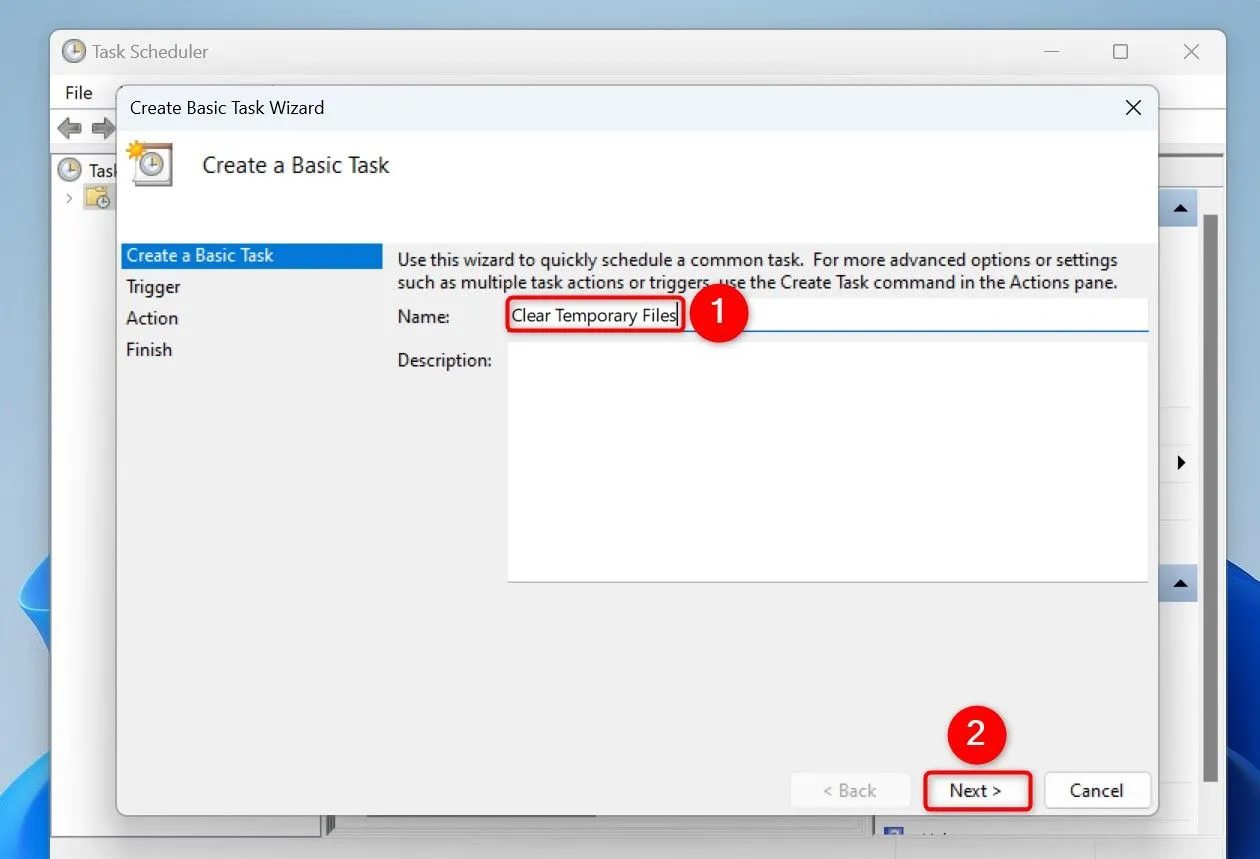 Đặt tên cho tác vụ dọn dẹp file tạm trong Trình lập lịch tác vụ Windows 11