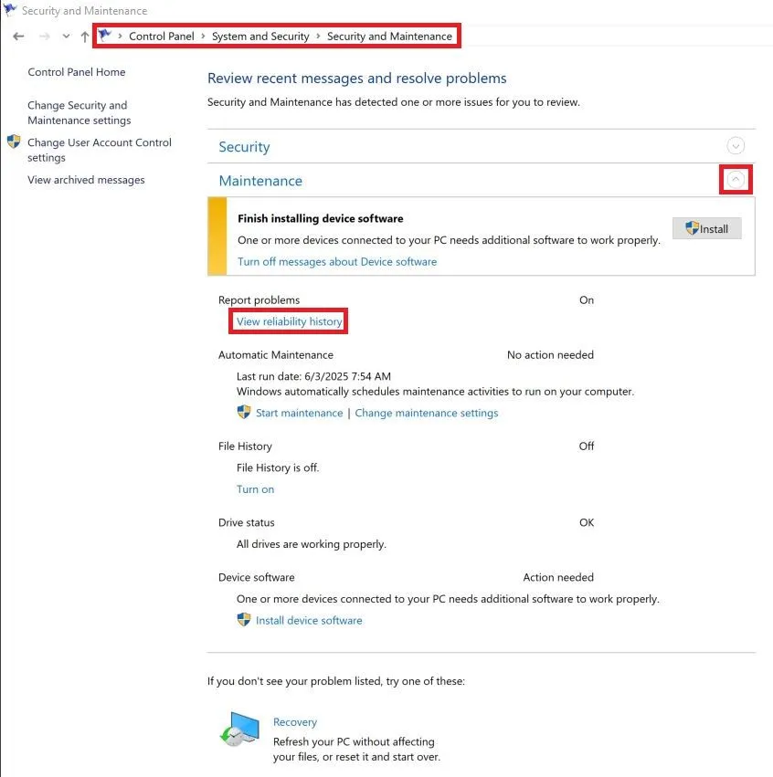 Đường dẫn truy cập Giám sát Độ tin cậy Windows từ Control Panel.