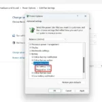 Giao diện cài đặt nâng cao Power Options trên Windows 11, hiển thị mục cấu hình mức pin yếu