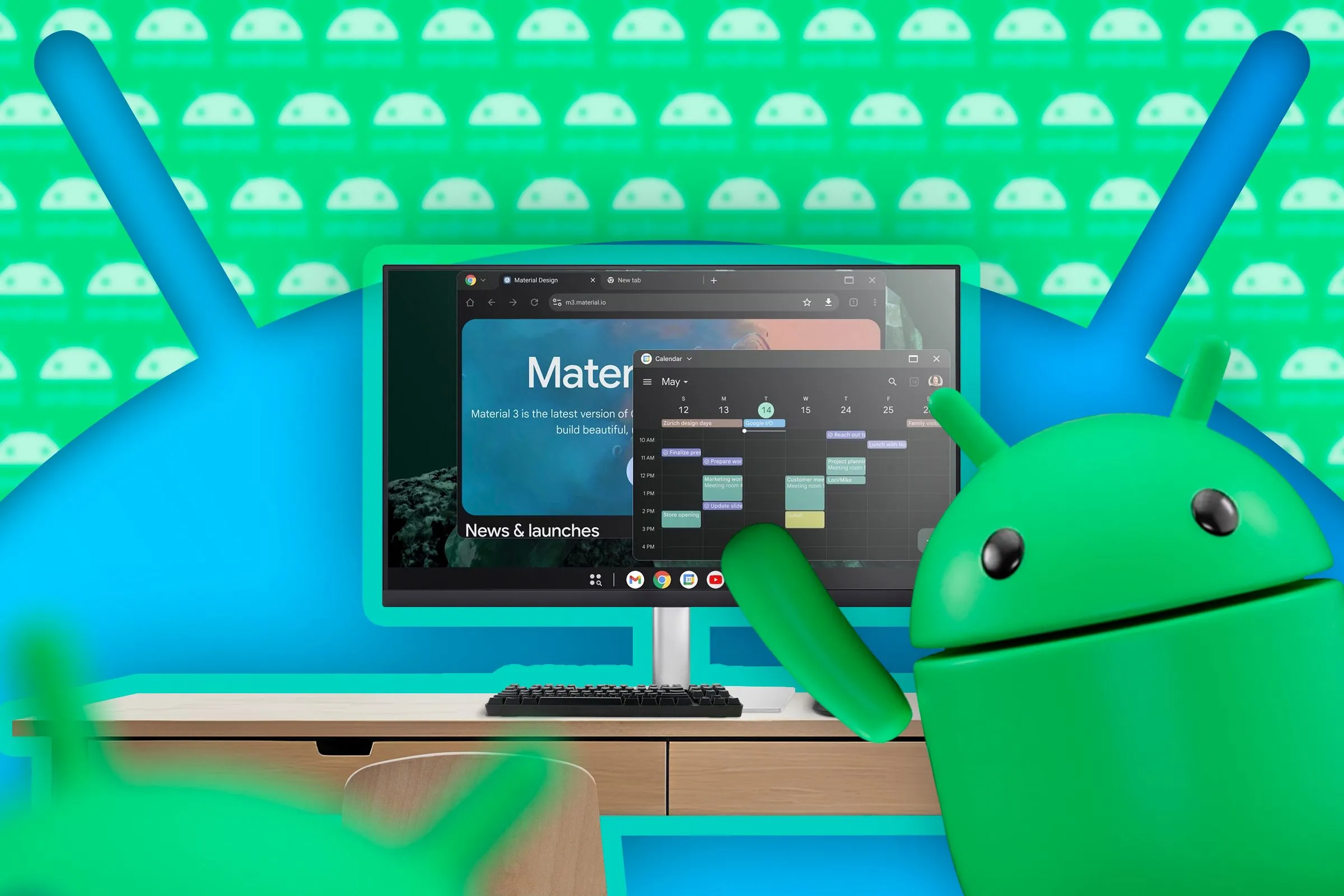 Giao diện chế độ desktop của Android với cửa sổ ứng dụng và linh vật Android