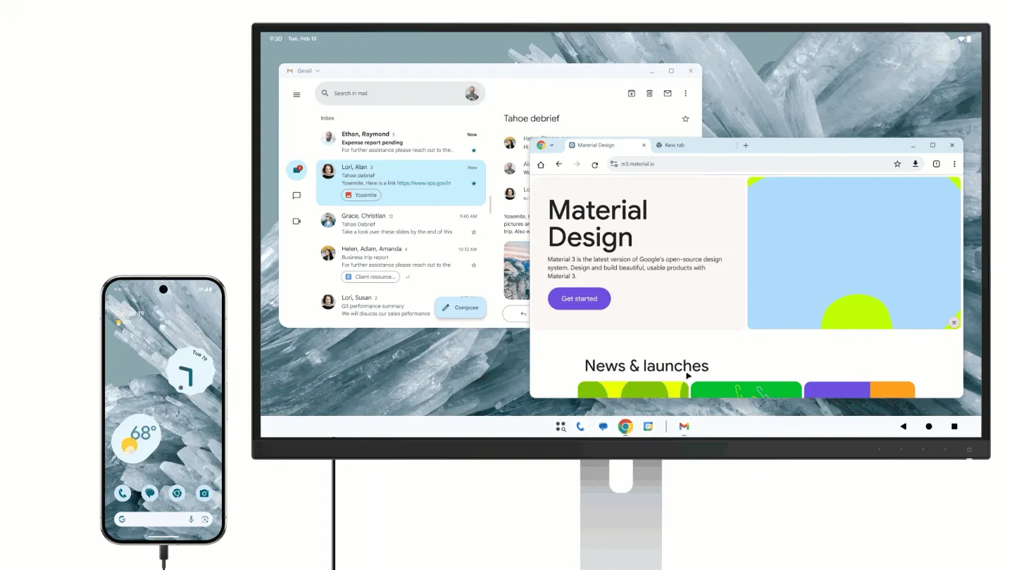 Giao diện chế độ desktop trên Android với nhiều cửa sổ ứng dụng nổi