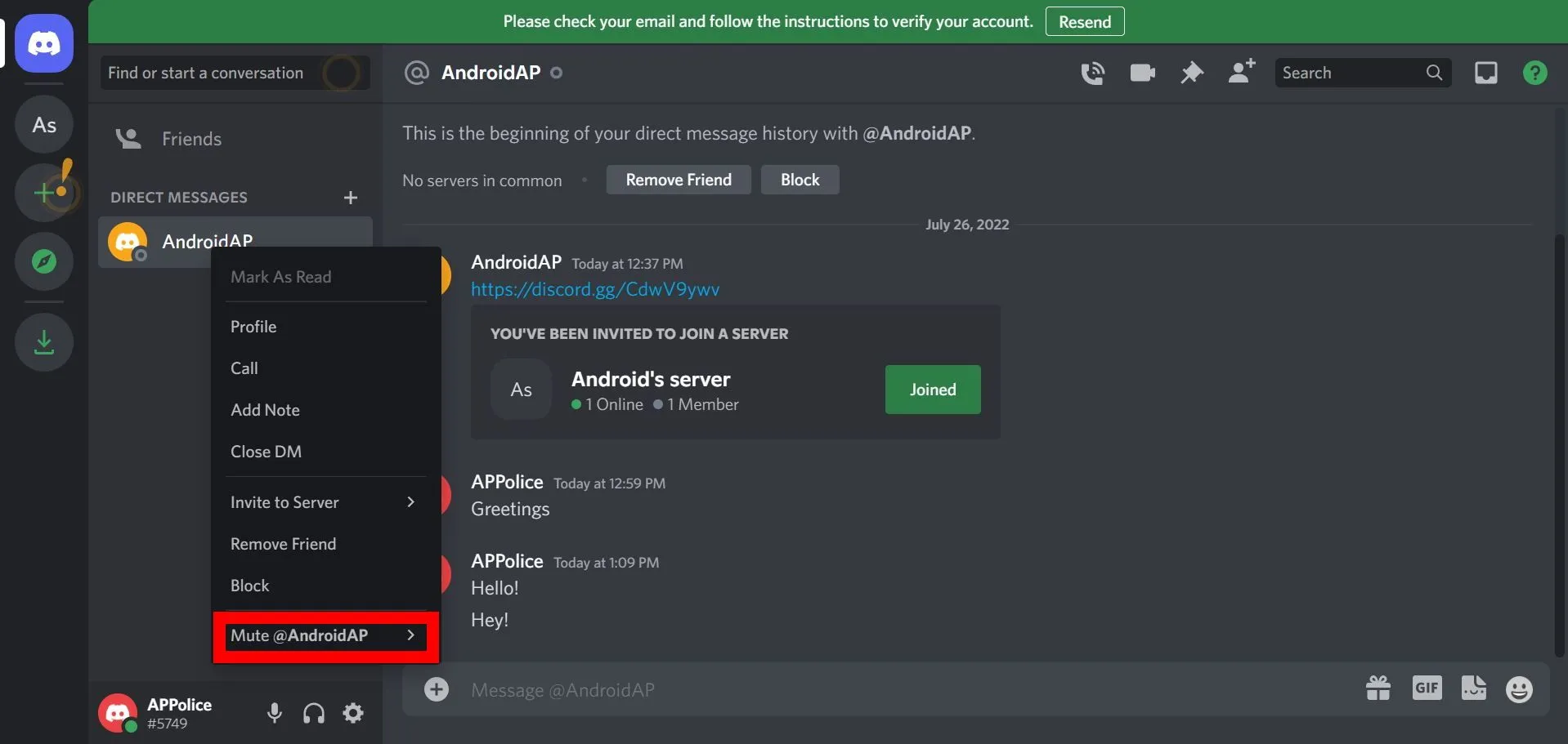 Giao diện Discord desktop: Chọn 'Mute' cuộc trò chuyện để tắt thông báo tin nhắn riêng.