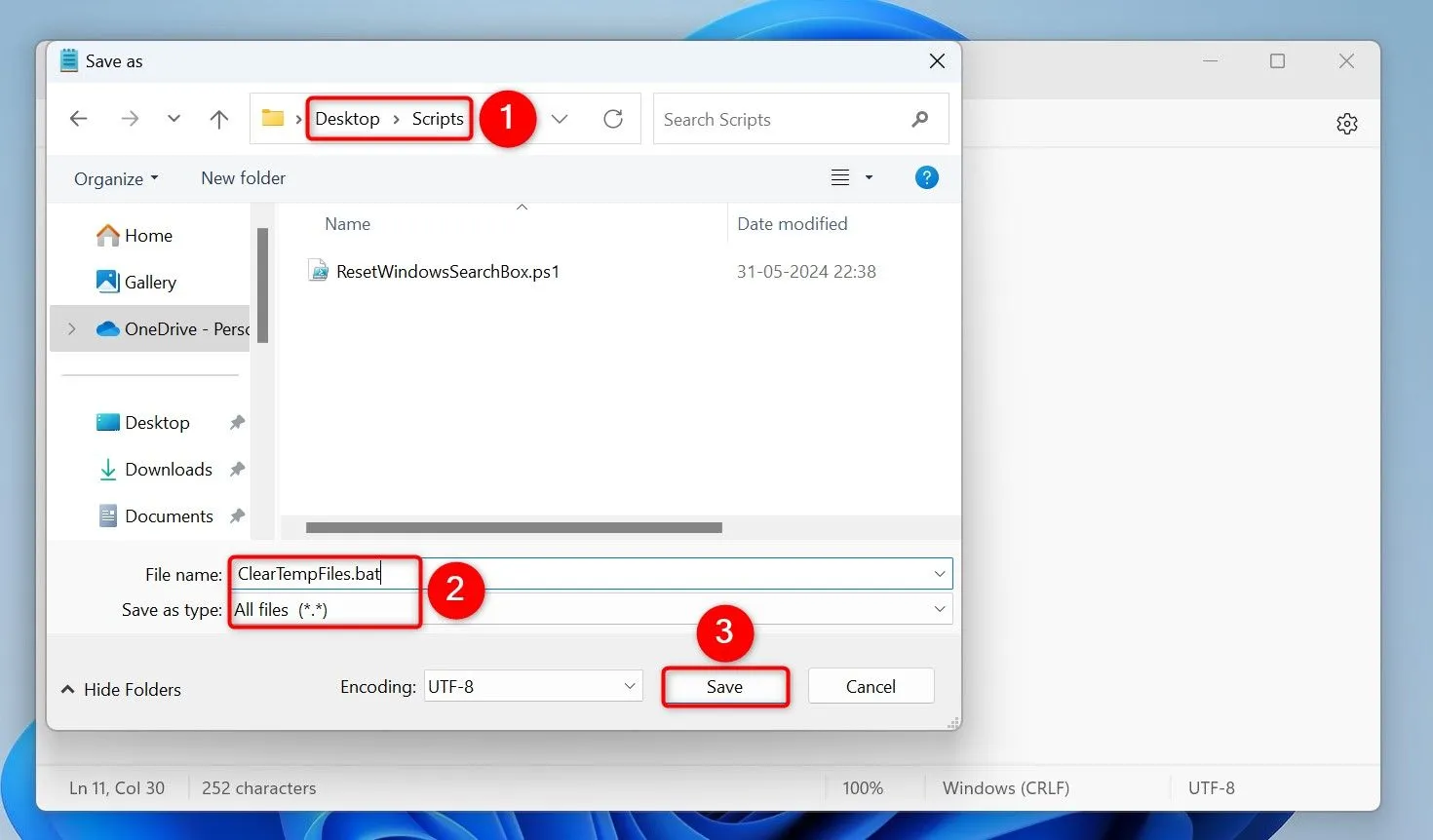 Giao diện Notepad hiển thị các bước lưu file script dọn dọn dẹp file tạm với đuôi .bat