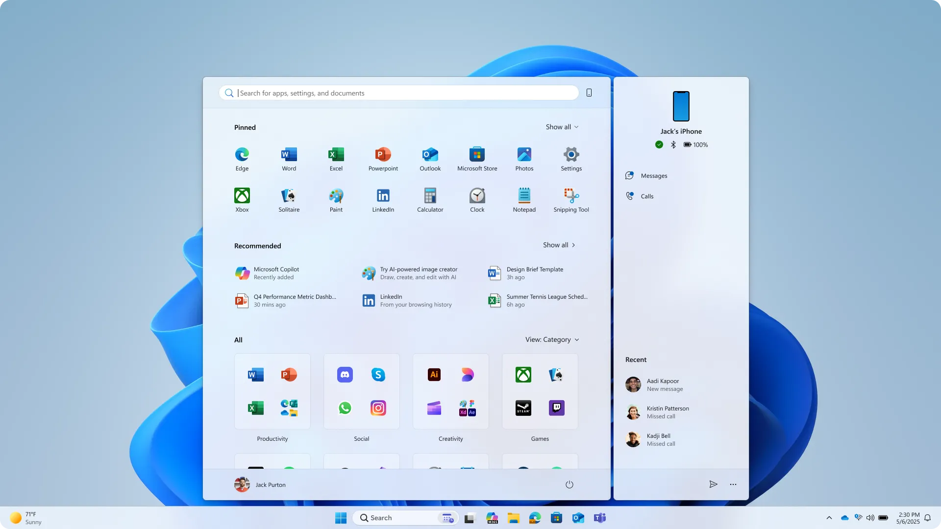 Giao diện Start Menu Windows 11 mới với bố cục ứng dụng được phân loại và đề xuất