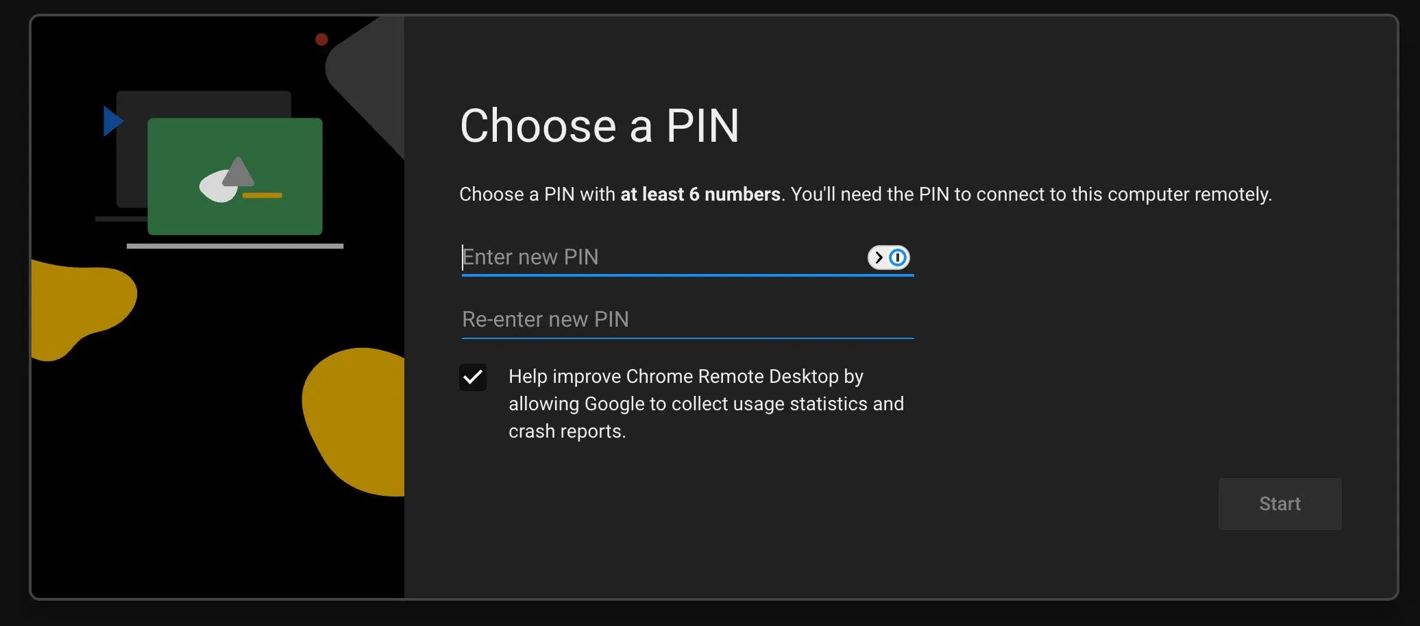 Giao diện thiết lập mã PIN bảo mật khi sử dụng Chrome Remote Desktop