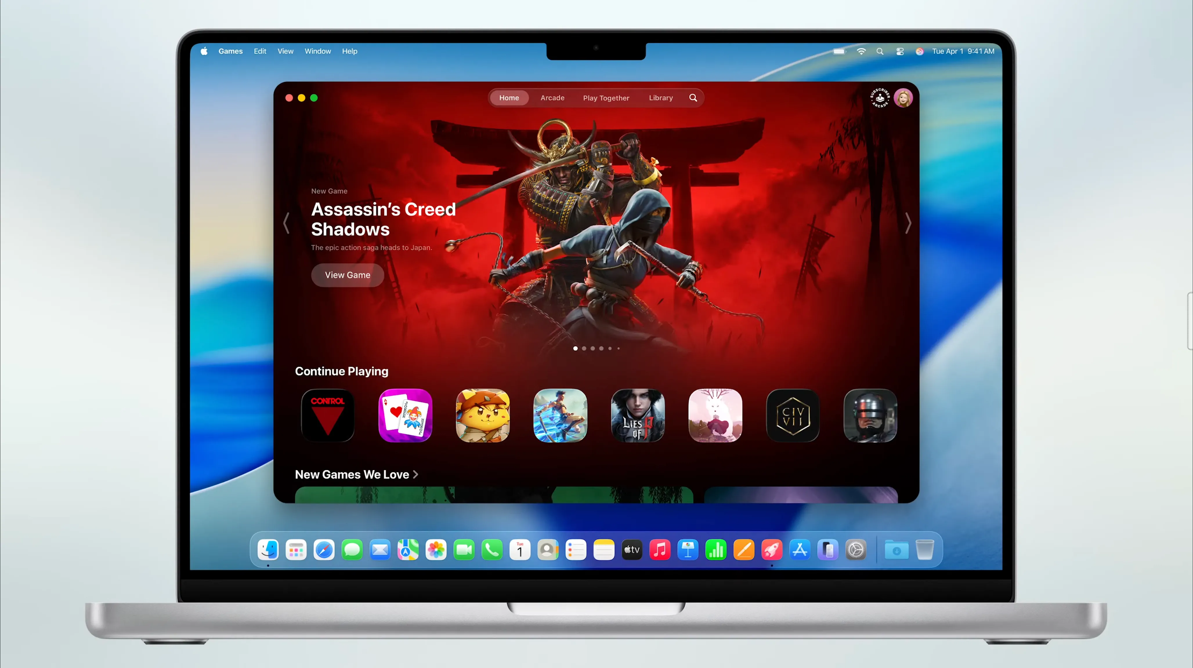 Giao diện ứng dụng Trò chơi (Games) mới trên macOS 26 Tahoe, tập trung trải nghiệm chơi game