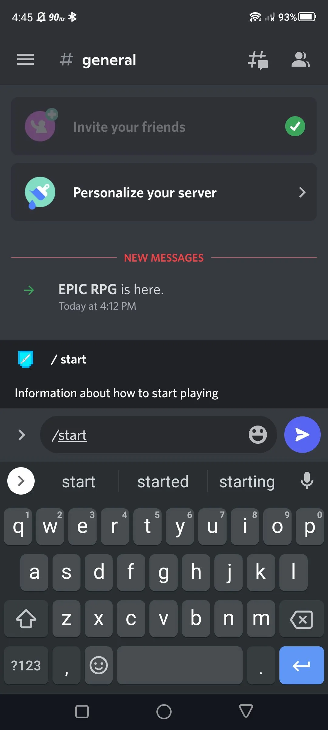 Gõ lệnh /start cho bot Epic RPG trên Discord mobile