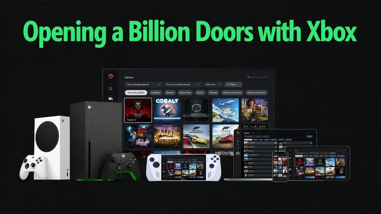 Hình ảnh minh họa các thiết bị có thể chơi hoặc stream game Xbox.