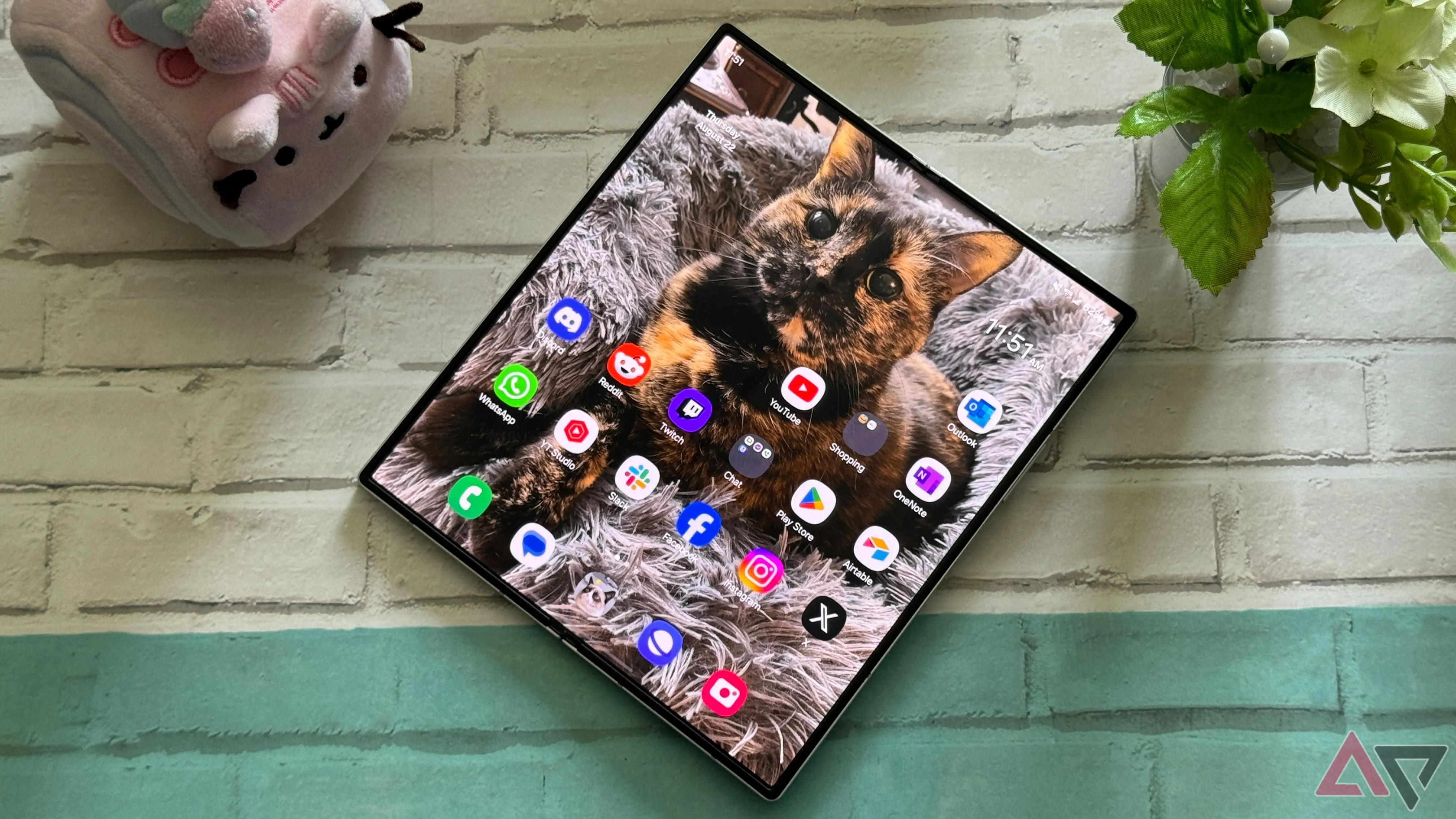 Hình ảnh một chú mèo trên màn hình hiển thị của điện thoại gập Samsung Galaxy Z Fold 6