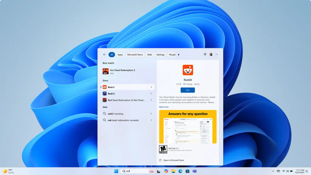 Kết quả tìm kiếm ứng dụng từ Microsoft Store hiển thị trực tiếp trong Start Menu Windows 11