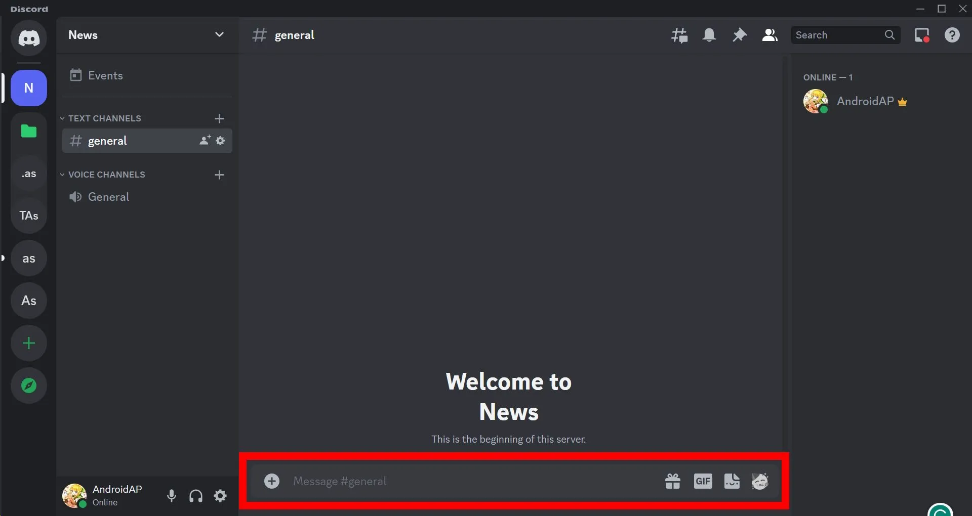 Khung nhập tin nhắn trên kênh chung của máy chủ Discord