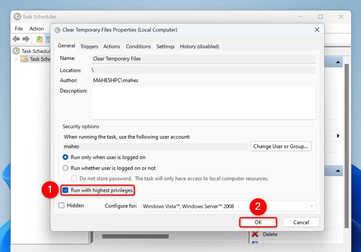 Kích hoạt tùy chọn &quot;Run With Highest Privileges&quot; (Chạy với quyền cao nhất) cho tác vụ dọn dẹp file tạm