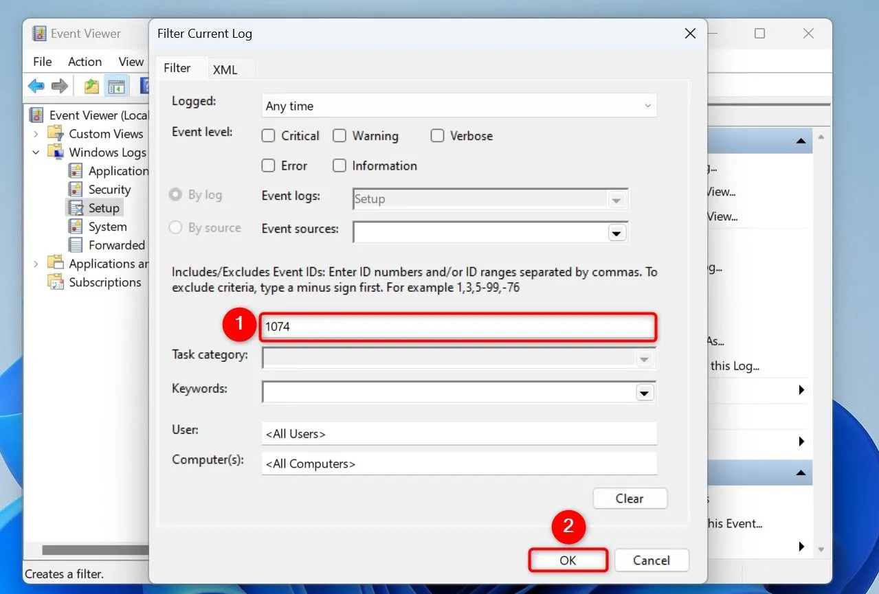Lọc các sự kiện khởi động lại PC bằng Event ID 1074 trong Event Viewer
