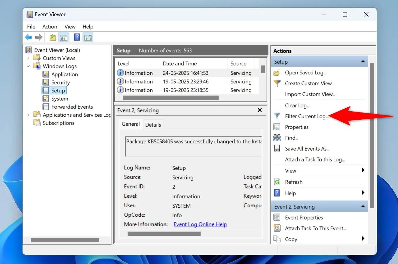 Lọc nhật ký sự kiện trong Event Viewer trên Windows 11