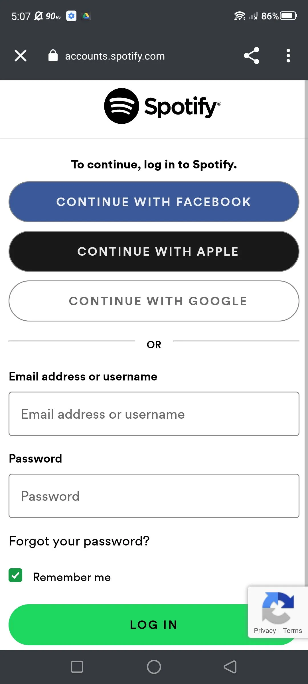 Màn hình đăng nhập tài khoản Spotify hiện lên trong ứng dụng Discord mobile