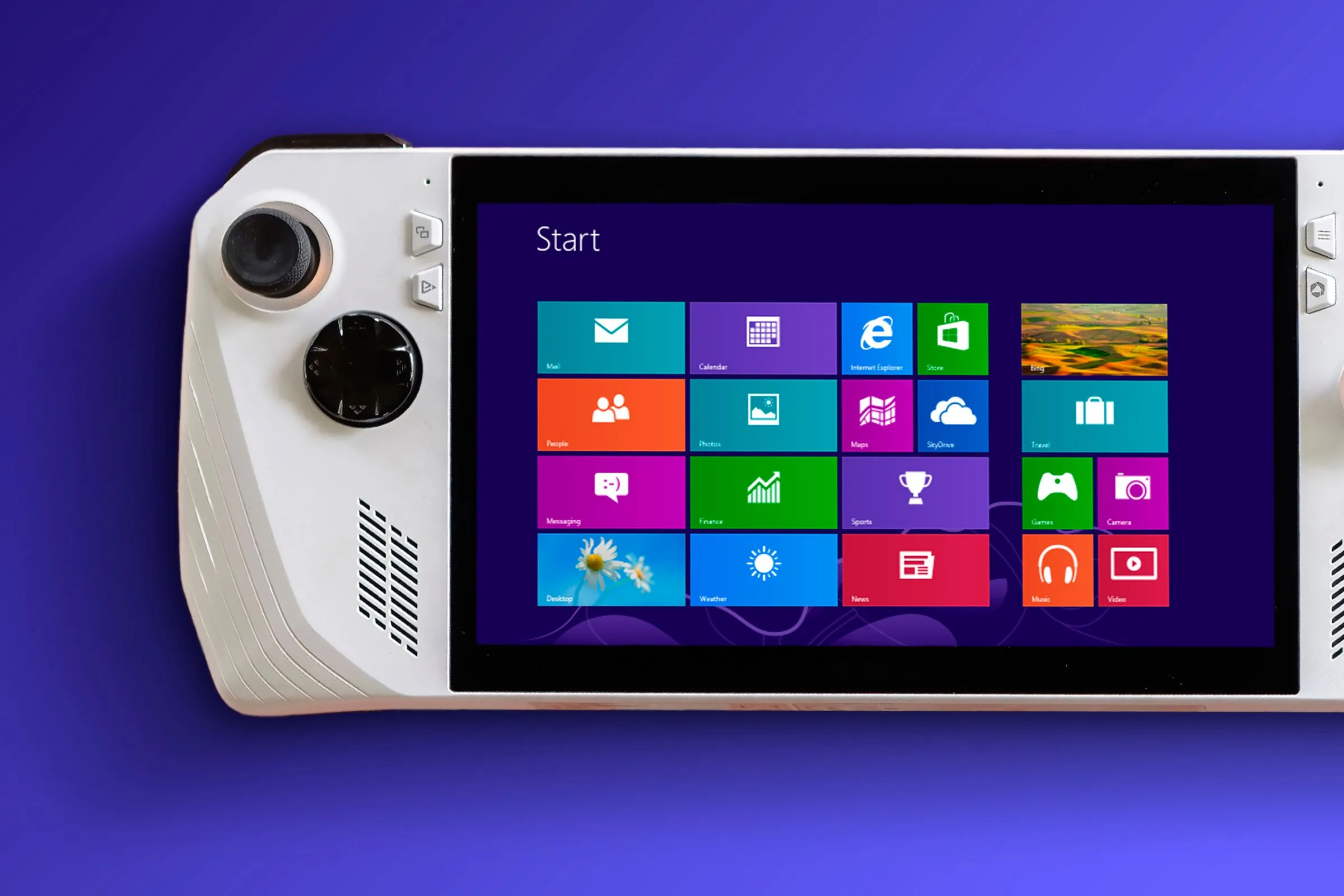 Máy chơi game cầm tay ASUS ROG Ally hiển thị giao diện Windows 8 Metro UI