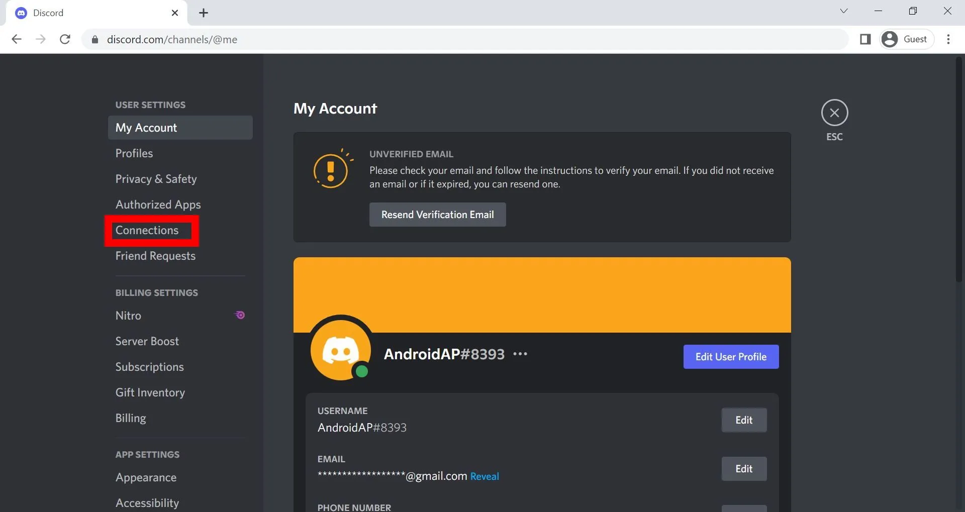 Menu cài đặt người dùng trong Discord với tùy chọn Kết Nối (Connections)