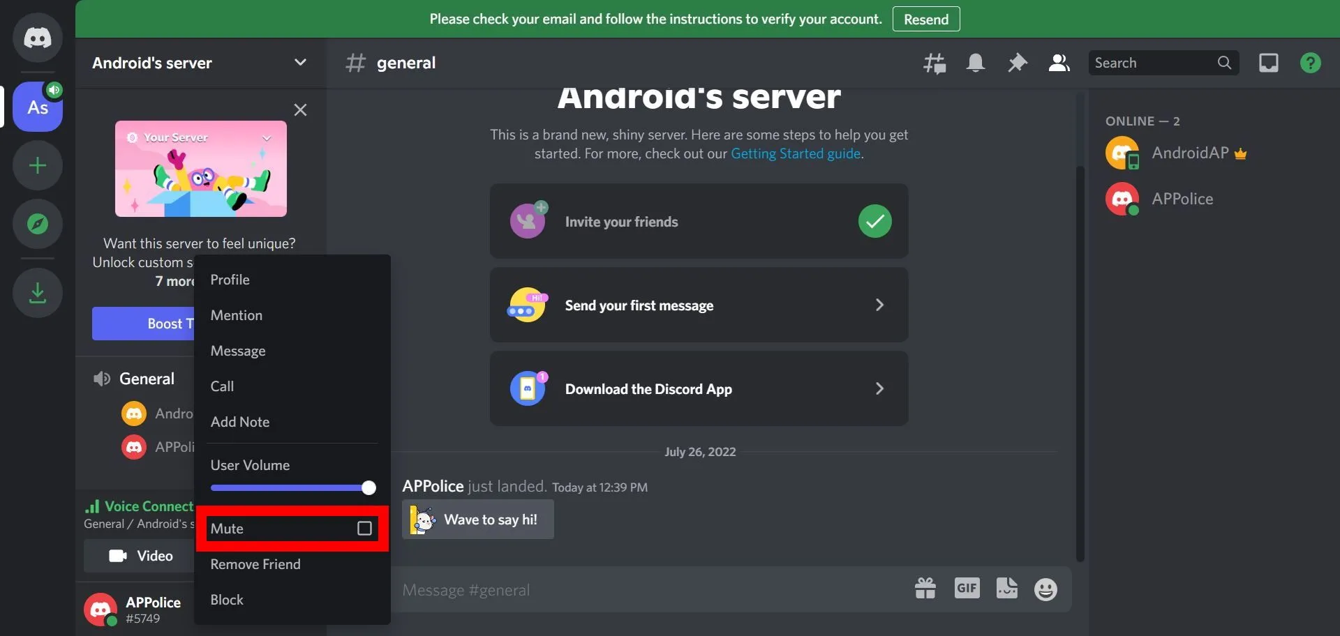 Menu chuột phải trên Discord desktop: Lựa chọn 'Mute' để tắt tiếng người dùng trong kênh thoại.