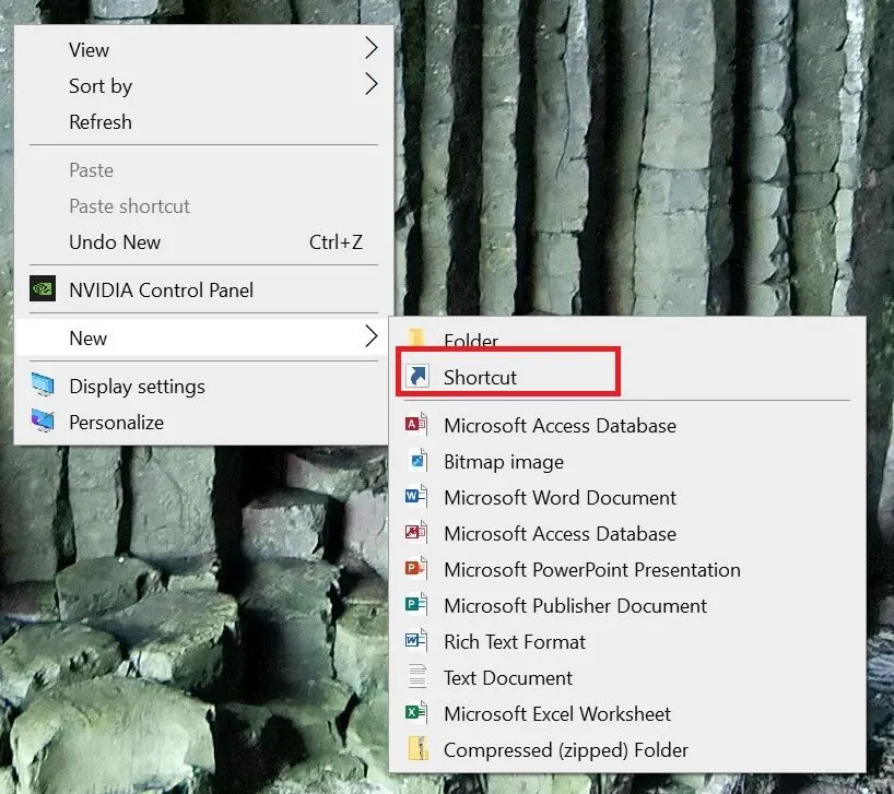 Menu chuột phải trên màn hình nền Windows để tạo Shortcut mới.