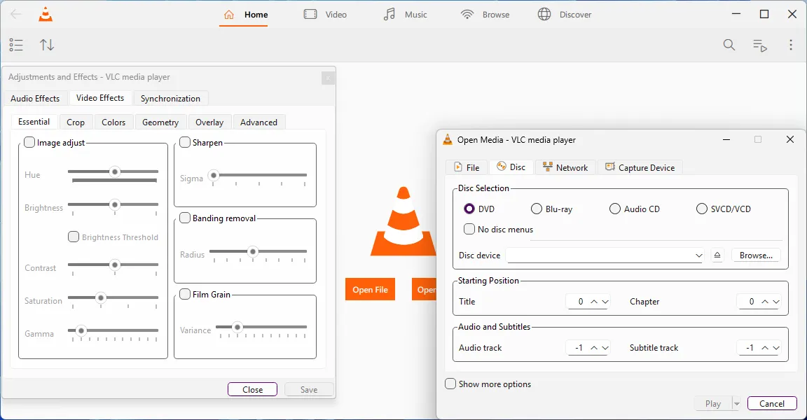Menu Tùy chọn Mở Media và Hiệu ứng Video trong VLC 4.0