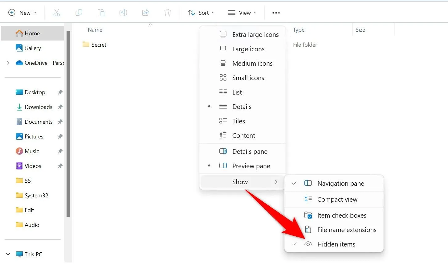 Menu View &gt; Show trong File Explorer, bỏ tích 'Hidden Items' để tắt hiển thị các mục ẩn trên Windows 11