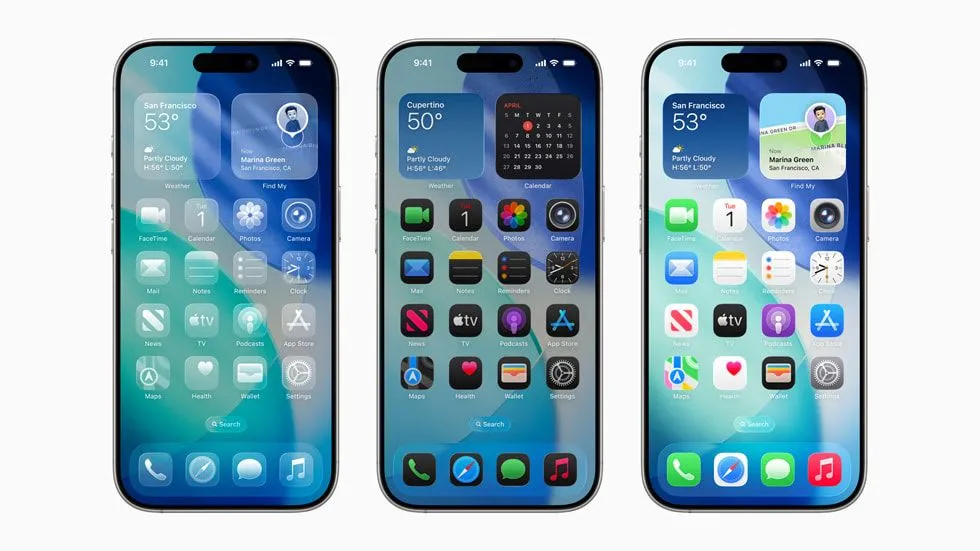 Minh họa giao diện 'Liquid Glass' mới của iOS 26 trên màn hình iPhone, hiển thị các hiệu ứng trong suốt và mờ ảo.