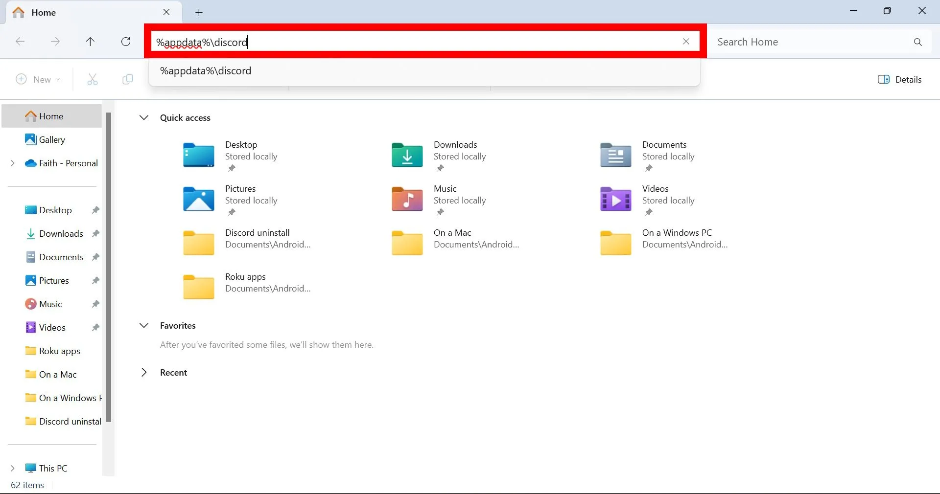 Mở File Explorer và nhập đường dẫn %appdata%discord để truy cập thư mục Discord trên Windows.