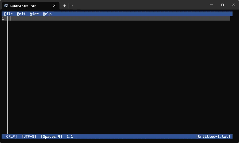 Mô tả các nút lệnh (File, Edit, View, Help) trong giao diện tối giản của Microsoft Edit.