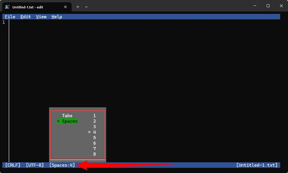 Mô tả cài đặt cho phép chọn giữa Tab và Spaces trong Microsoft Edit.