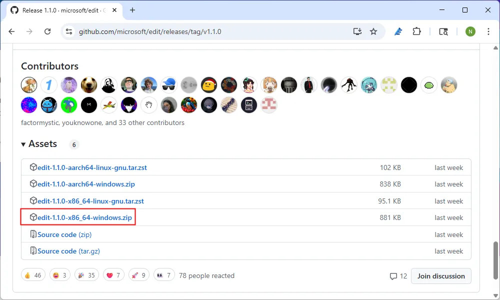 Mô tả tệp tin nén (ZIP) của Microsoft Edit trên trang tải về GitHub.